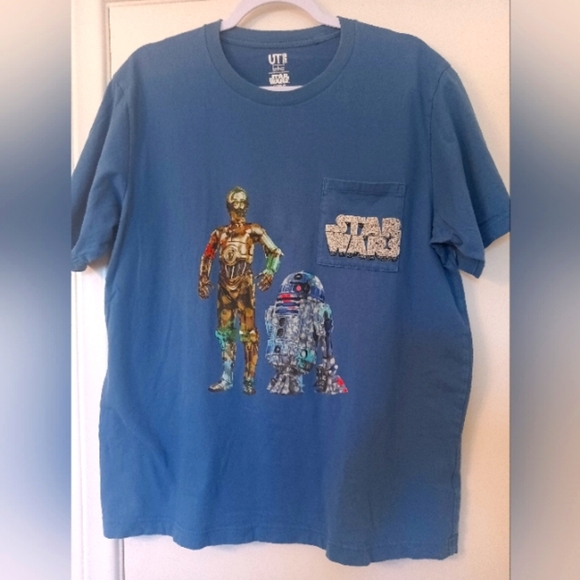 Uniqlo x Star Wars Graphic Camouflage C3PO x R2D2 Blue T-Shirt - Picture 1 of 6